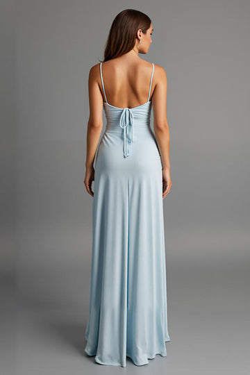 Himmelsblå Spaghetti Remmar Satin Slida Aftonklänning